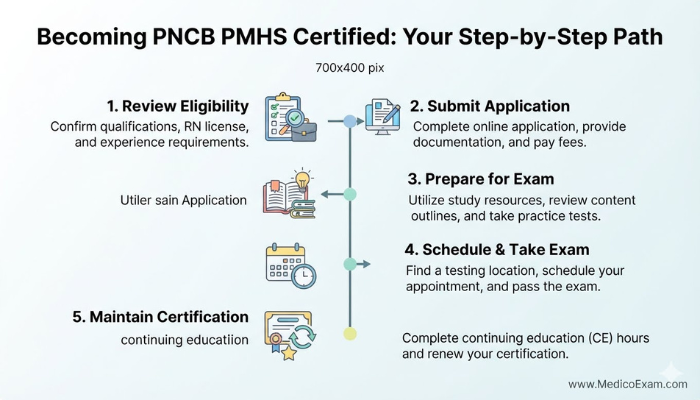 A step-by-step infographic illustrating the path to PNCB PMHS certification, including reviewing eligibility, submitting applications, preparing for the exam, and maintaining the credential.