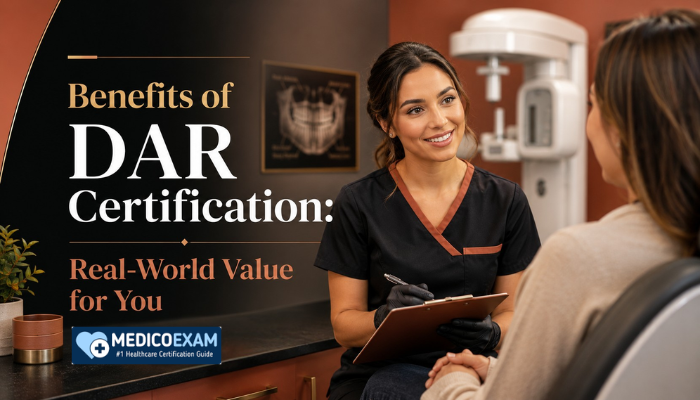 An adult female dental assistant, professionally dressed, interacting calmly with a patient in a dental office, showcasing the real-world value and confidence gained from DAR certification.