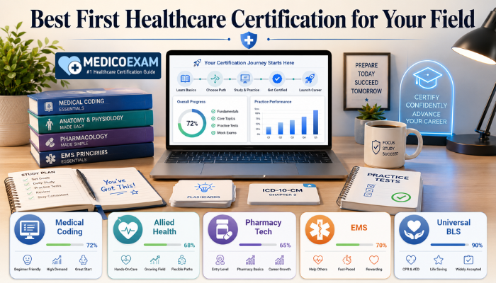 Comparison image showing beginner-friendly healthcare certifications across coding, allied health, pharmacy, EMS, and BLS.
