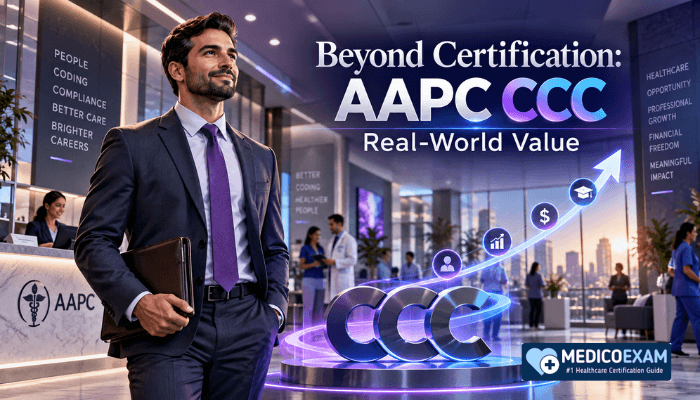 A digitally illustrated male professional in a medical office, with an abstract upward-trending graph originating from a "CCC" emblem, depicting career growth and higher earnings with AAPC CCC Certification.