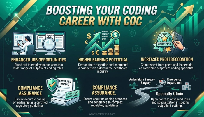 Infographic illustrating career benefits of AAPC COC certification, including enhanced job opportunities, higher earning potential, and professional recognition.