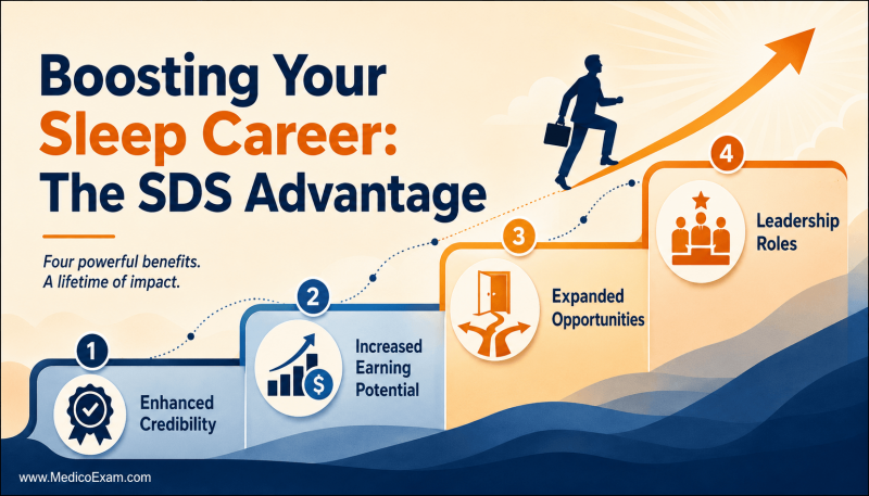 An infographic illustrating career advancement with NBRC SDS certification, showing an upward path with benefits like enhanced credibility, increased earning potential, and leadership roles.