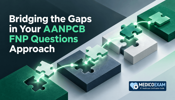 Abstract illustration showing geometric shapes with 'gaps' being completed by other fitting shapes, symbolizing the process of bridging knowledge gaps in AANPCB FNP exam preparation. Clear flat conceptual infographic style.