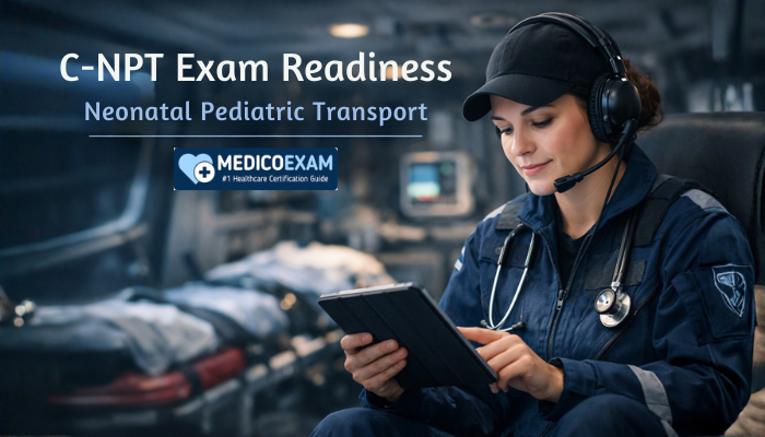 Healthcare transport professional reviewing C-NPT exam materials on a tablet inside a medical transport vehicle.