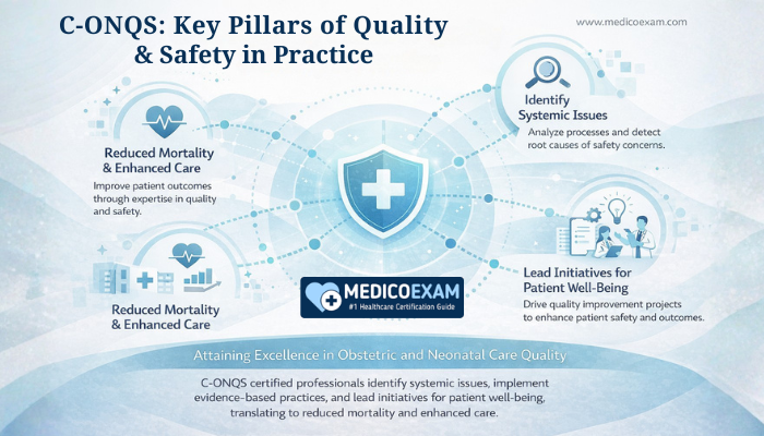 Infographic showing key pillars of quality and safety in obstetric and neonatal care, illustrating how NCC C-ONQS certification helps professionals identify issues, implement evidence-based practices, and lead initiatives for patient well-being.