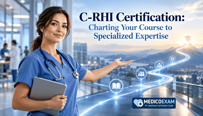 A female nurse confidently gestures towards a glowing digital career pathway, representing the advanced opportunities unlocked by C-RHI Certification in reproductive health. The scene conveys ambition and professional growth.