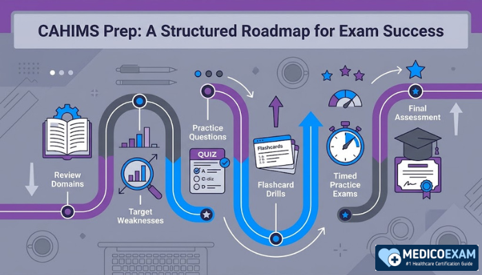  A clean conceptual infographic displaying a structured roadmap for CAHIMS exam preparation, with stages like "Review Domains" and "Practice Questions." The visual emphasizes clarity for study success.
