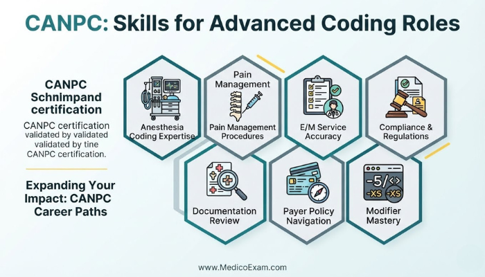 Infographic highlighting key skills for advanced coding roles validated by CANPC certification, including anesthesia, pain management, E/M accuracy, and compliance.