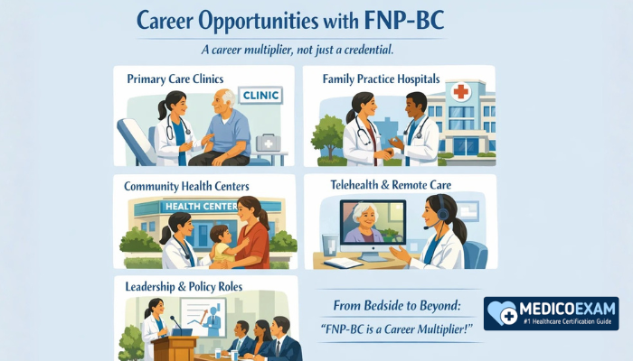 Healthcare infographic explaining how FNP-BC certification expands career opportunities beyond bedside nursing.