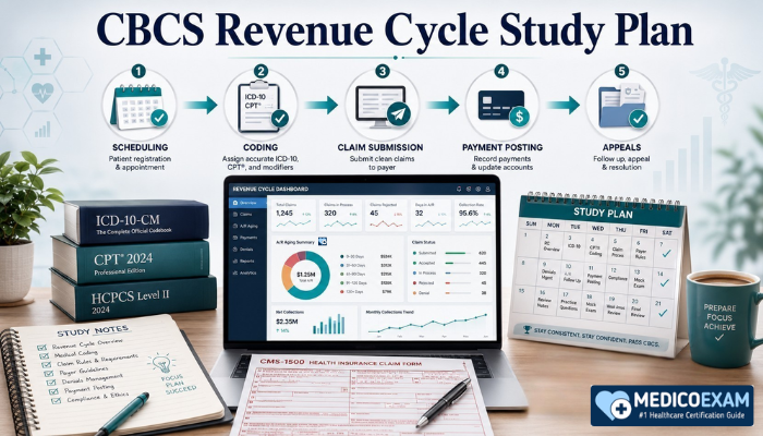 CBCS revenue cycle study plan illustration with claim workflow, coding notes, laptop dashboard, and exam preparation materials.