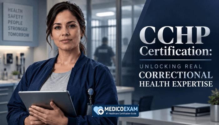 A confident female correctional health professional, CCHP certified, stands in a modern office, representing expertise in correctional healthcare.