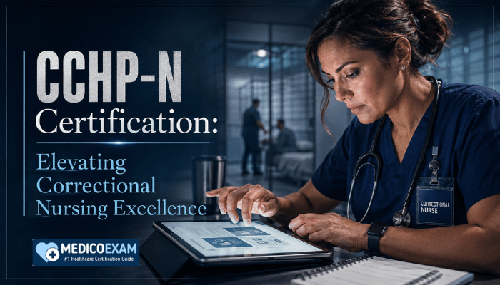 A correctional nurse, an adult woman, intently studying for the CCHP-N certification on a tablet at a modern desk. The background suggests a correctional facility, emphasizing specialized healthcare.