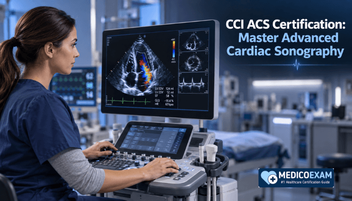 An Advanced Cardiac Sonographer, a woman, expertly operating an ultrasound machine to perform advanced cardiac imaging, representing the skill validated by CCI ACS certification.