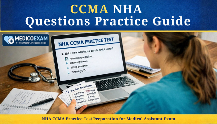 Student reviewing medical flashcards and practice test questions on laptop, NHA CCMA practice test preparation for medical assistant exam