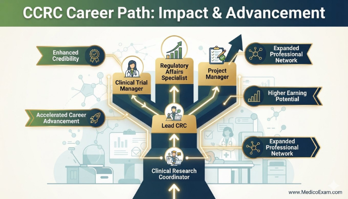 Infographic illustrating the career path and benefits of ACRP CCRC certification, showing professional growth, increased credibility, and potential for advanced roles in clinical research