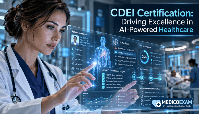 An adult female CDEI professional interacting with a holographic display showing patient records and AI analysis in a modern healthcare setting, symbolizing the integration of CDEI skills with advanced technology.