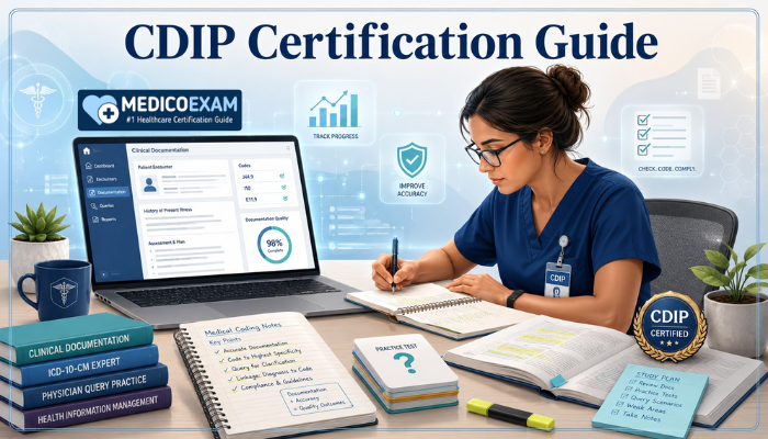 CDIP certification guide showing healthcare professional studying clinical documentation integrity exam materials.