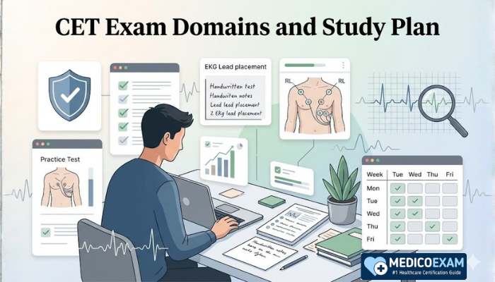 CET exam domains and study plan illustration with EKG notes, practice tests, laptop, and certification prep layout