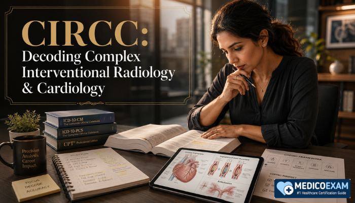 A professional woman coder intently studying CIRCC materials, with open coding manuals and a tablet showing medical diagrams on a modern desk. The scene highlights focused learning for the CIRCC exam.