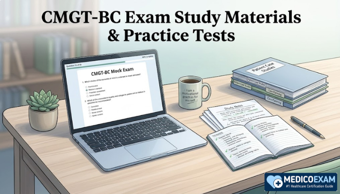 CMGT-BC exam study materials including practice tests, notes, and laptop setup for preparation