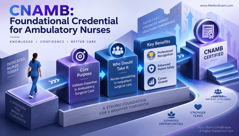 A conceptual infographic illustrating the CNAMB certification's purpose, target audience, and key benefits for ambulatory surgery nurses, emphasizing its foundational role in professional development.