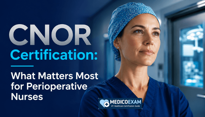 A focused perioperative nurse, an adult woman, stands in a modern surgical hallway, symbolizing dedication and the importance of CNOR certification. The image title highlights crucial aspects of the credential.