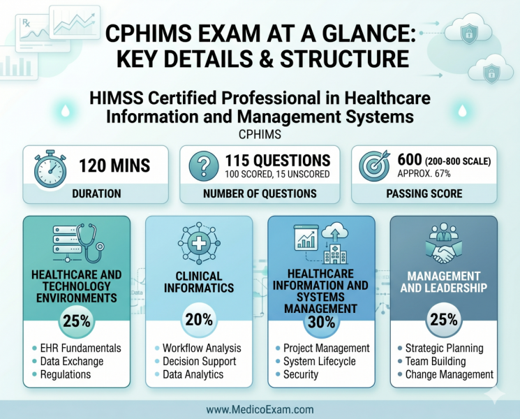 Infographic detailing the CPHIMS exam structure, including duration, number of questions, passing score, and a breakdown of the four syllabus domains with their weightings.