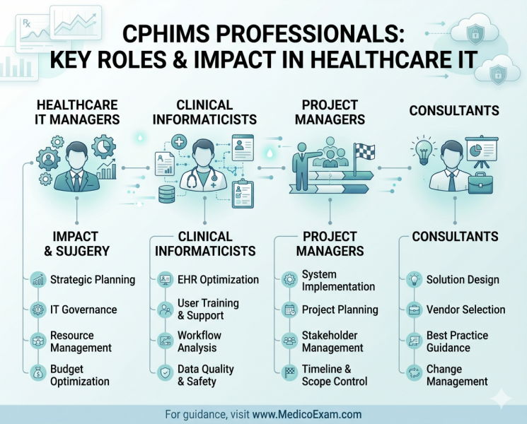  Infographic detailing key roles for CPHIMS-certified professionals, including IT managers, clinical informaticists, and project managers, along with their impact areas.
