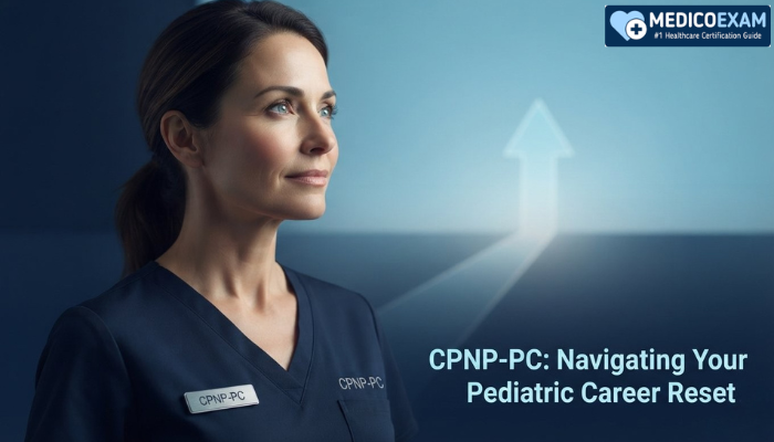 A female pediatric nurse practitioner looks toward an abstract path, symbolizing career growth and renewal with CPNP-PC certification. The image title "CPNP-PC: Navigating Your Pediatric Career Reset" is visible.