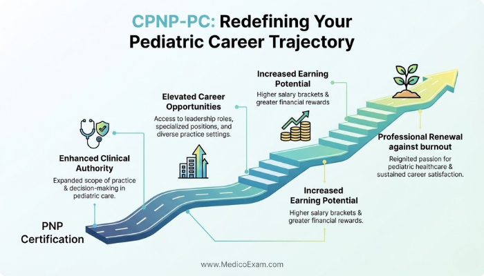  Infographic depicting the career benefits of CPNP-PC certification, including enhanced authority, opportunities, and earning potential, as an ascending pathway. Title: "CPNP-PC: Redefining Your Pediatric Career Trajectory."