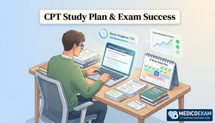 CPT exam study plan with student using laptop, flashcards, and practice tests for phlebotomy certification