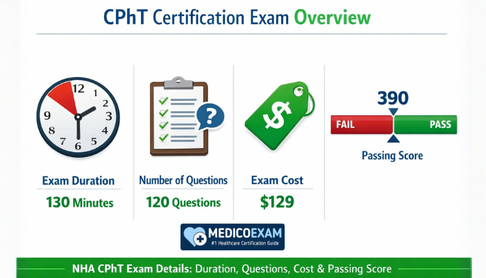 CPhT certification exam details infographic: duration, questions, cost, and passing score for NHA CPhT