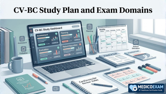 CV-BC study plan banner showing exam domain dashboard weekly schedule practice tests and cardiovascular nursing notes in a modern study setup.
