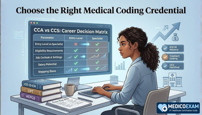 Medical coding student choosing between CCA and CCS certification with laptop, notes, and decision matrix graphic