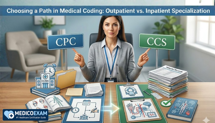 Medical coding professional choosing between CPC (outpatient) and CCS (inpatient) career paths at a desk.