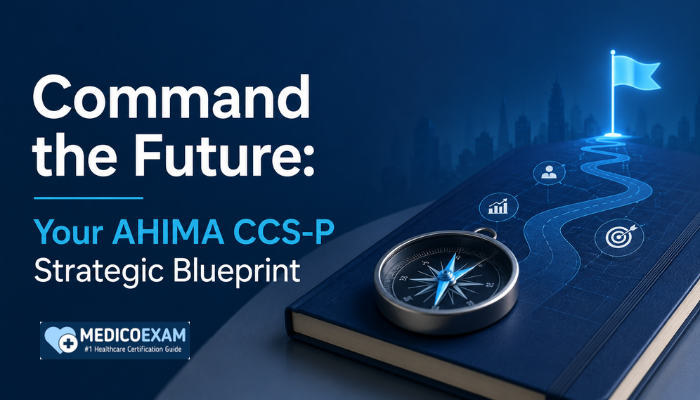 Feature image showing a futuristic strategic blueprint with a compass, glowing pathway, and city skyline, titled “Command the Future: Your AHIMA CCS-P Strategic Blueprint.