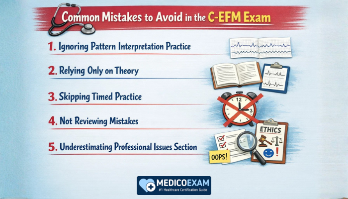 Common mistakes to avoid in the C-EFM exam including ignoring pattern interpretation practice, relying only on theory, skipping timed practice, not reviewing mistakes, and underestimating professional issues section