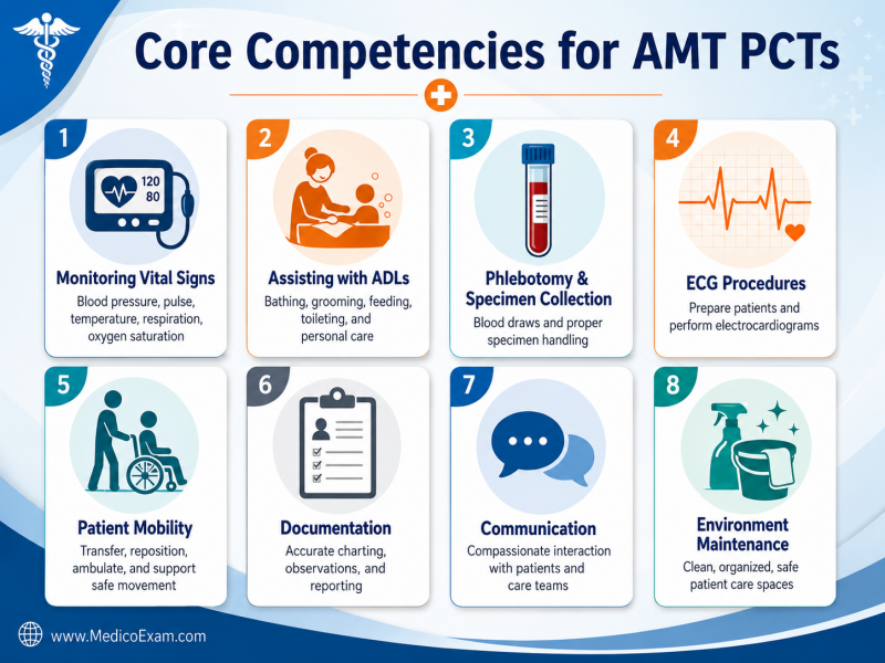 Infographic depicting the core competencies and diverse duties of an AMT Patient Care Technician, including vital signs, ADLs, phlebotomy, and ECG procedures.