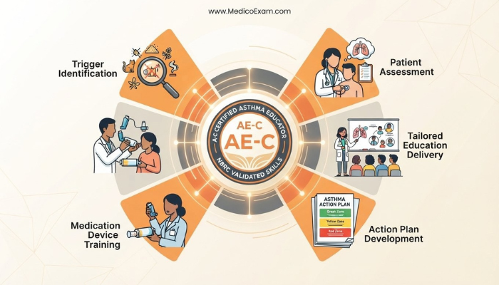 Infographic illustrating the core skills validated by the AE-C certification, including patient assessment, education delivery, action plan development, medication training, and trigger identification, centered around the credential.