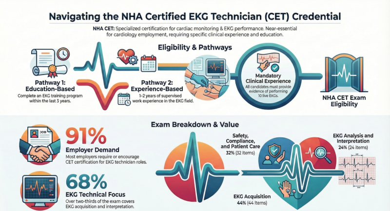NHA CET Certified EKG Technician infographic showing eligibility pathways, clinical requirements, exam breakdown, and career demand statistics