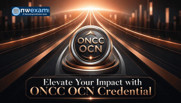 A glowing ONCC OCN badge at the center, surrounded by ascending abstract lines, symbolizing career elevation and professional impact for oncology nurses.