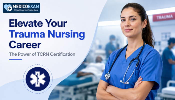 Confident nurse in blue scrubs standing in a trauma care setting beside the headline “Elevate Your Trauma Nursing Career” and the subtitle “The Power of TCRN Certification.”