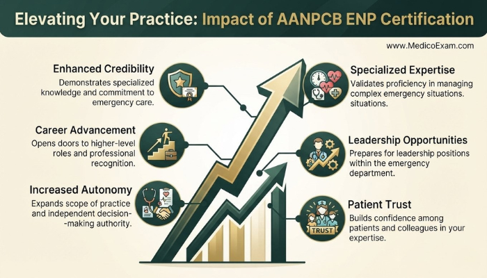 Infographic visually representing the career and professional benefits of AANPCB ENP certification, including enhanced credibility, career advancement, and specialized expertise for emergency nurse practitioners.
