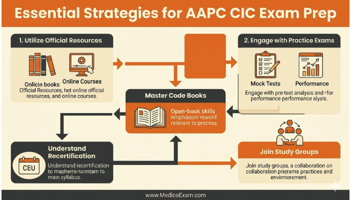 Infographic outlining essential preparation strategies for the AAPC CIC exam, including utilizing official resources, taking practice exams, mastering code books, and understanding recertification requirements.