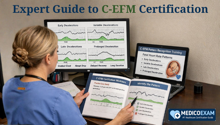 Expert guide to C-EFM certification showing nurse analyzing fetal heart rate patterns on monitors with study materials for electronic fetal monitoring exam preparation