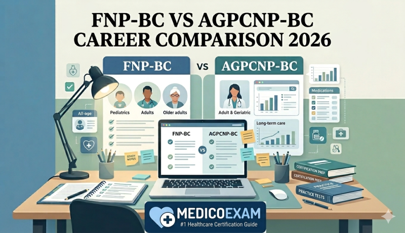 FNP-BC vs AGPCNP-BC certification comparison illustration showing family nurse practitioner and adult gerontology nurse practitioner career paths