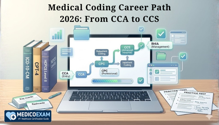From CCA to CCS illustration with medical coding study desk, laptop, practice tests, and certification milestones for coding career growth.