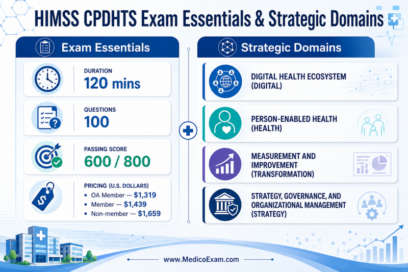 Infographic detailing the HIMSS CPDHTS exam essentials, including duration, questions, passing score, and key fees, alongside the four strategic syllabus domains.