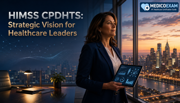 A woman healthcare leader with a tablet looks out over a city at dusk, representing strategic thinking for HIMSS CPDHTS. The scene highlights foresight in digital health transformation.