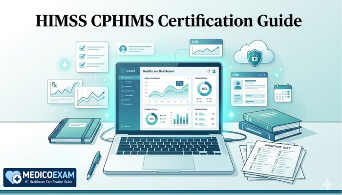 HIMSS CPHIMS certification guide with laptop, healthcare IT dashboard, notes, charts, and practice exam materials.